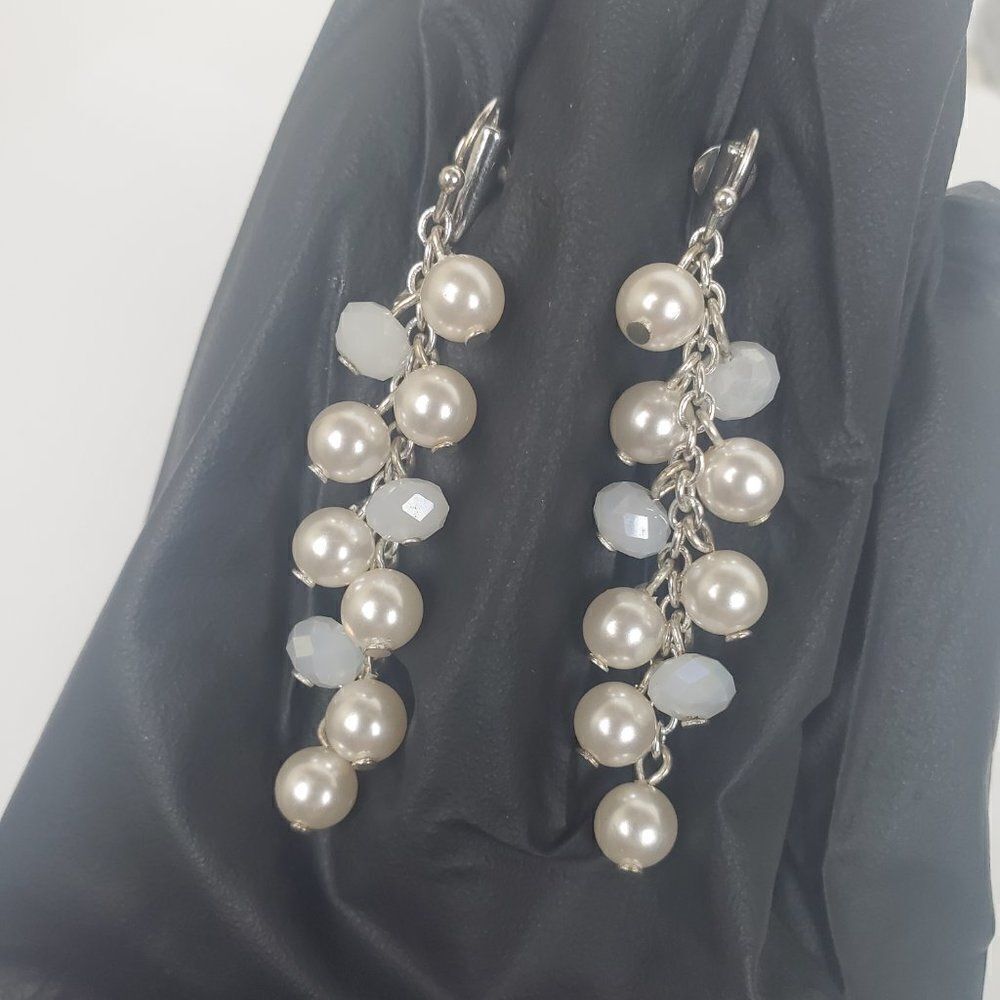 Vintage Faux Pearl Bead Opaque White Glass Silver Tone Dangle Drop Clip Earrings